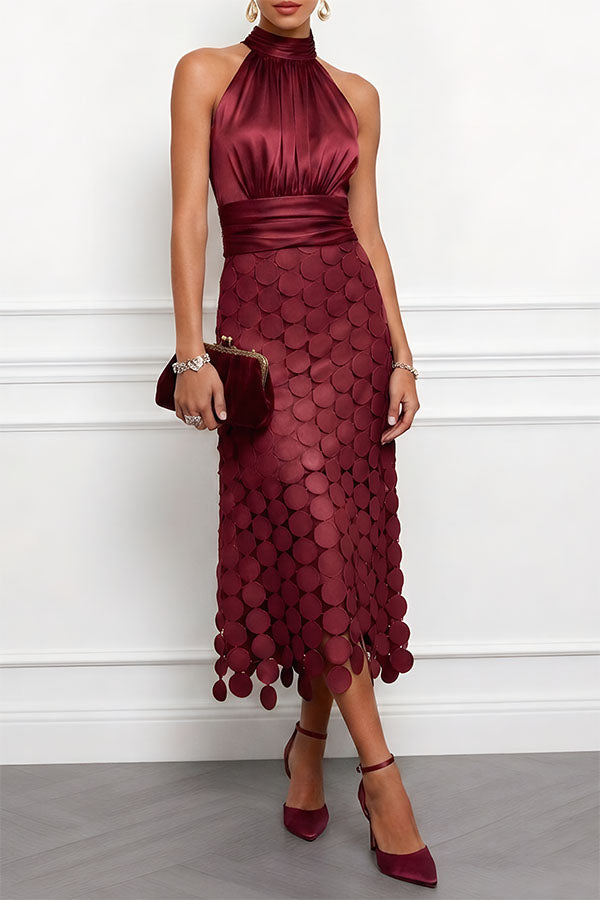 Sabelelle | Women's Satin Circle Cutout Midi Dress for with Halter Neck Sleeveless Ruched Waist Wedding Guest Style — Burgundy