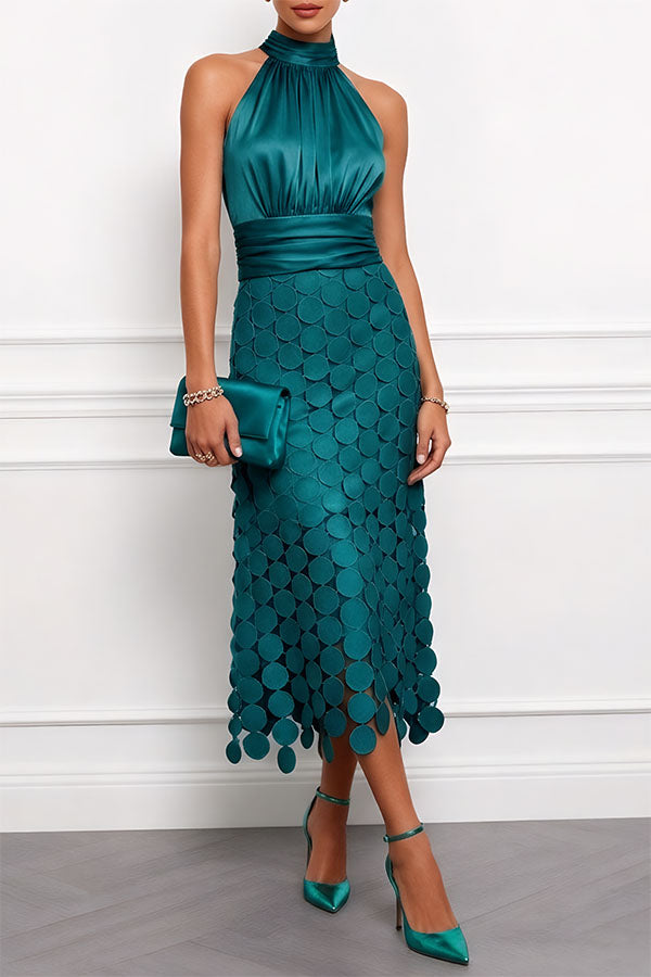 Sabelelle | Women's Satin Circle Cutout Midi Dress for with Halter Neck Sleeveless Ruched Waist Wedding Guest Style — Dark Green