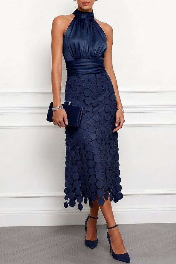 Sabelelle | Women's Satin Circle Cutout Midi Dress for with Halter Neck Sleeveless Ruched Waist Wedding Guest Style — Navy Blue