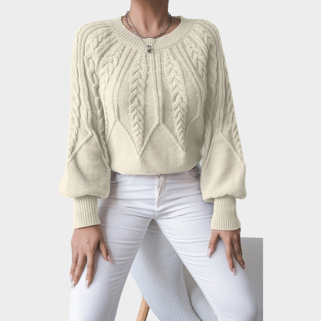 Sabelina | Women's Cozy Knit Sweater Crew Neck Chunky Lantern Sleeve — Apricot
