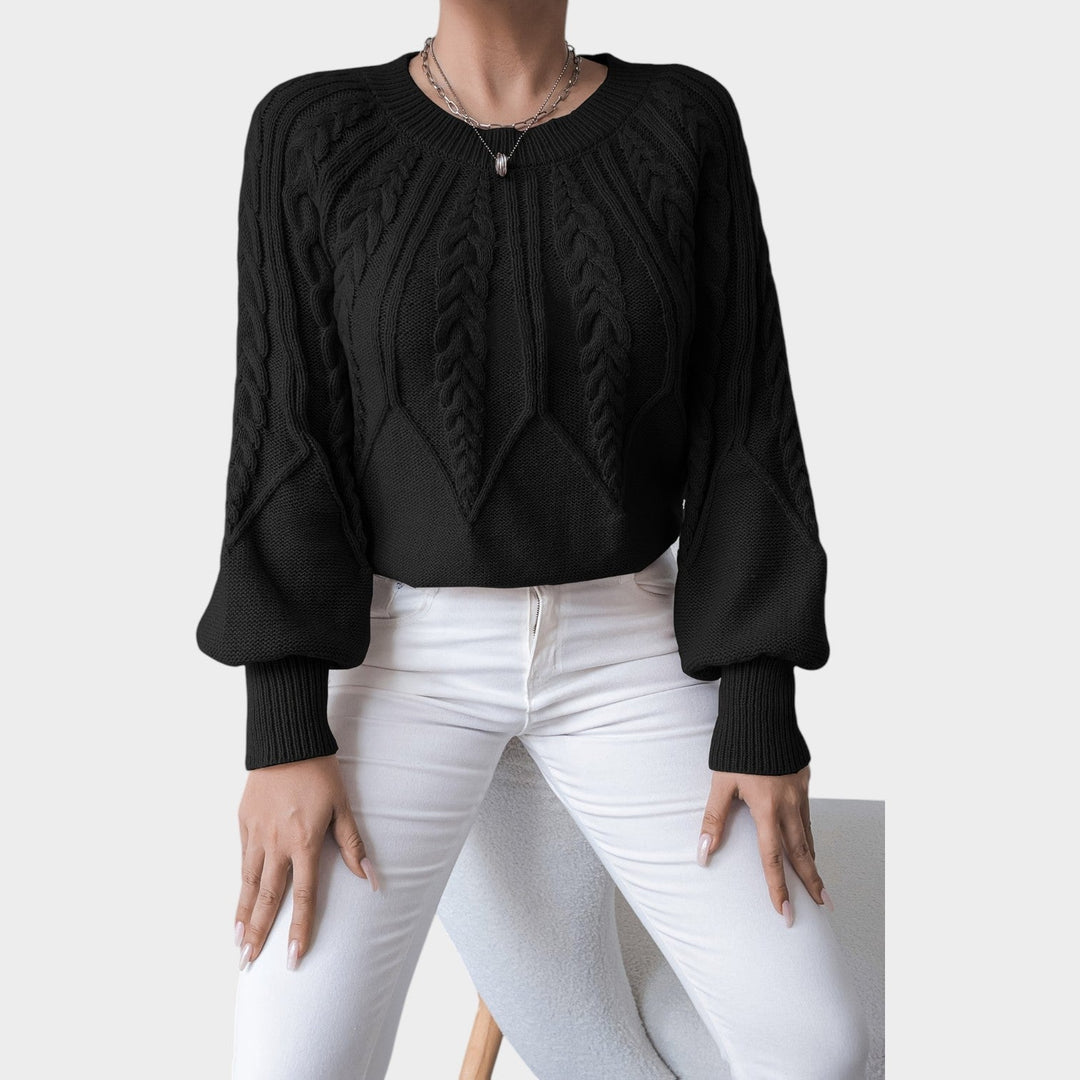 Sabelina | Women's Cozy Knit Sweater Crew Neck Chunky Lantern Sleeve — Black