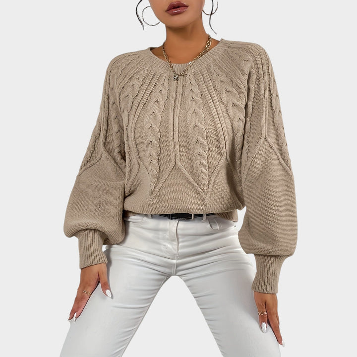 Sabelina | Women's Cozy Knit Sweater Crew Neck Chunky Lantern Sleeve — Khaki