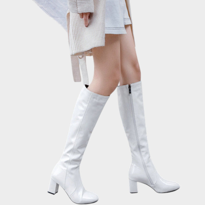 Sabellise | Women's Leather Knee High Boots Party Patent Block Heel — White