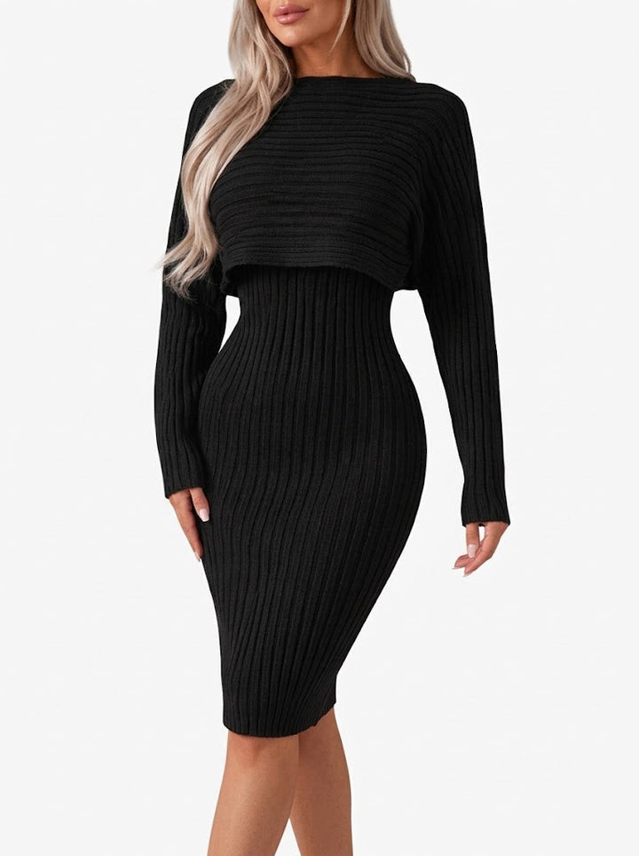 Sablearia | Women's Two-Piece Matching Ribbed Midi Skirt Co-Ord Set with Cropped Top — Black
