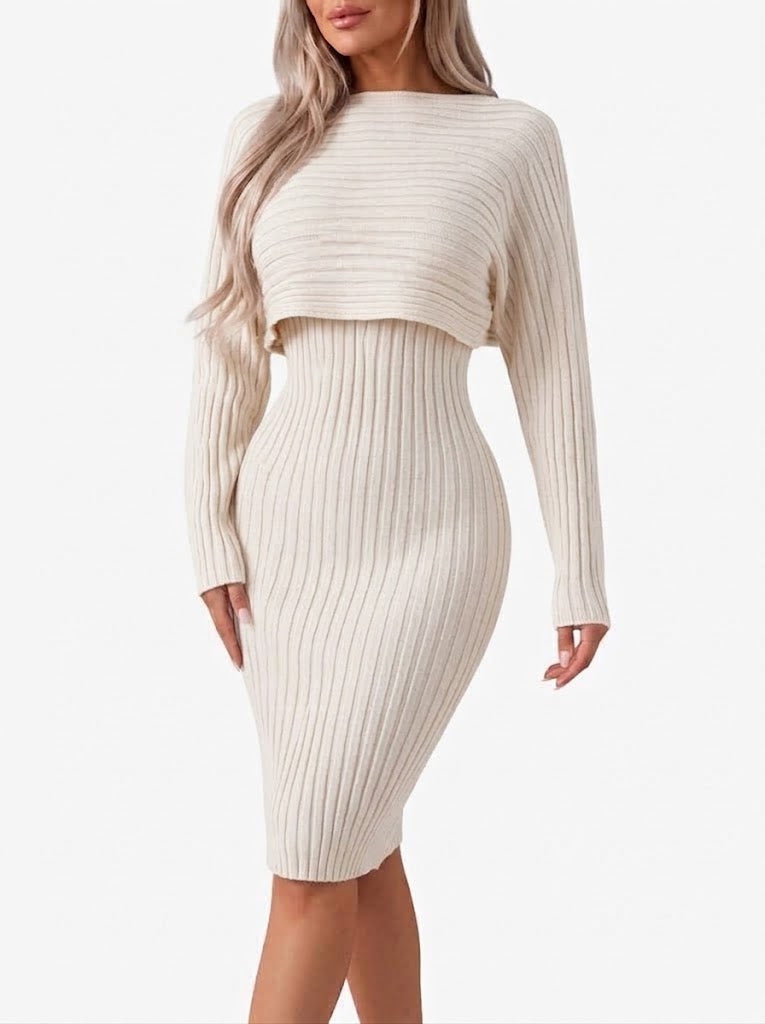 Sablearia | Women's Two-Piece Matching Ribbed Midi Skirt Co-Ord Set with Cropped Top — Cream