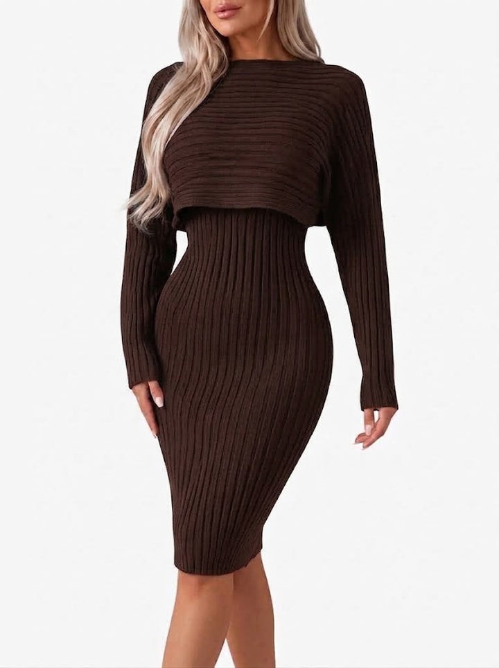 Sablearia | Women's Two-Piece Matching Ribbed Midi Skirt Co-Ord Set with Cropped Top — Dark Brown