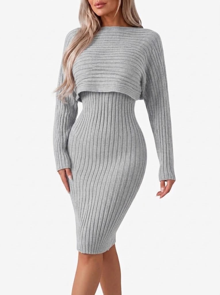 Sablearia | Women's Two-Piece Matching Ribbed Midi Skirt Co-Ord Set with Cropped Top — Grey