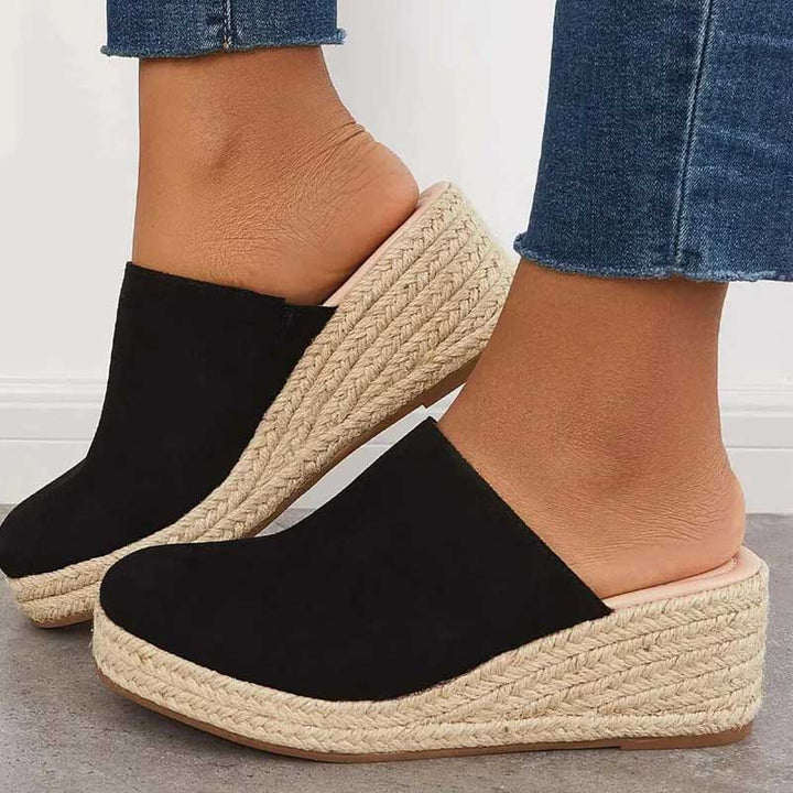 Back angle wedge mule showing heel detail plain background