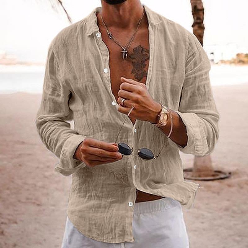 Sebastian | Men's Button-Up Casual Men’s Long Sleeve Shirt with Button Front — Light Beige