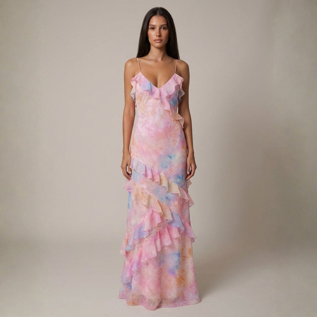 Selene | Women's Wedding Guest Elegant The Marbella Ruffle Tiered Maxi Dress Dresses — Pink