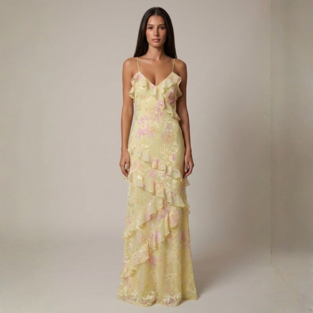 Selene | Women's Wedding Guest Elegant The Marbella Ruffle Tiered Maxi Dress Dresses — Yellow