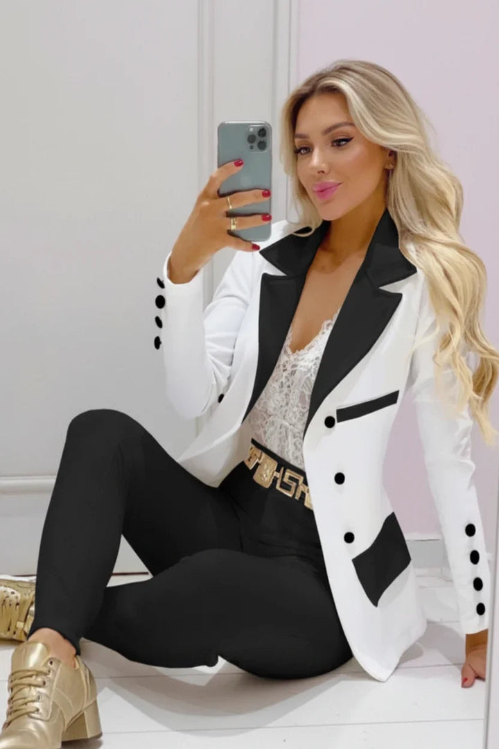 Senadessa | Women's Tailored Single-Button Double Breasted Button Front Blazer — Black White