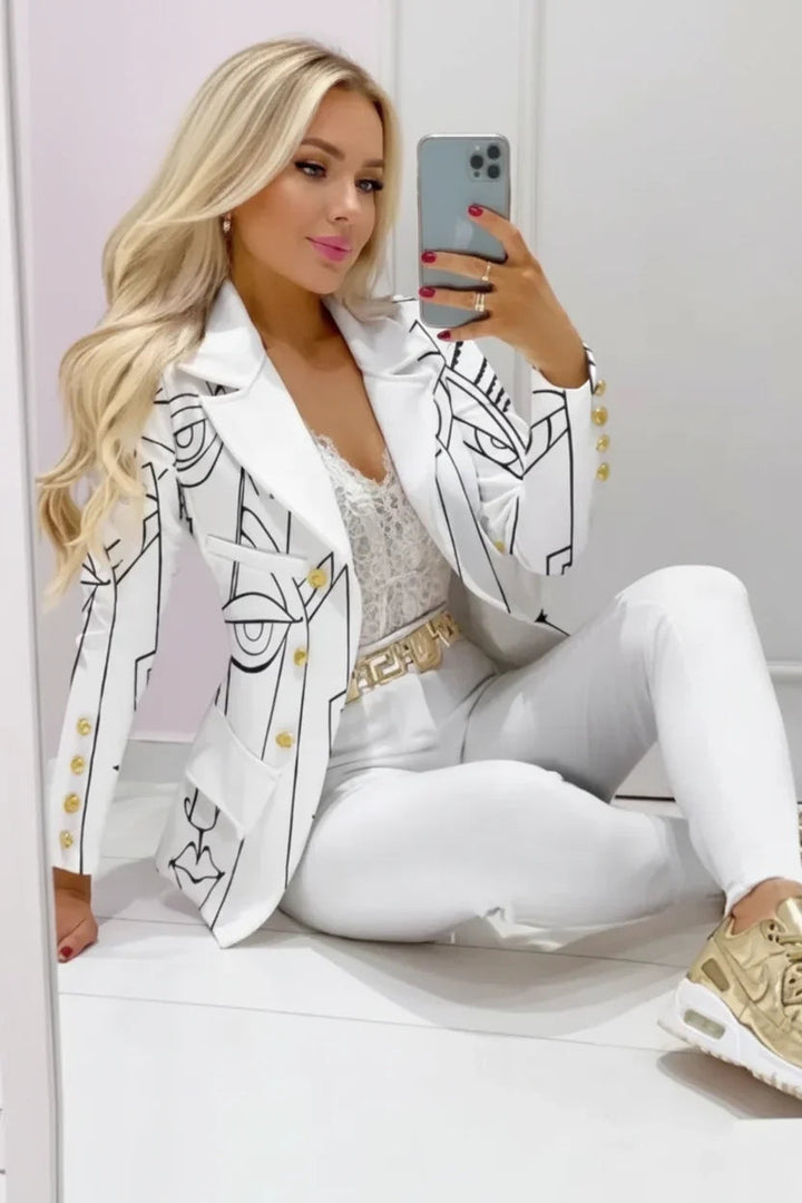 Senadessa | Women's Tailored Single-Button Double Breasted Button Front Blazer — White 2