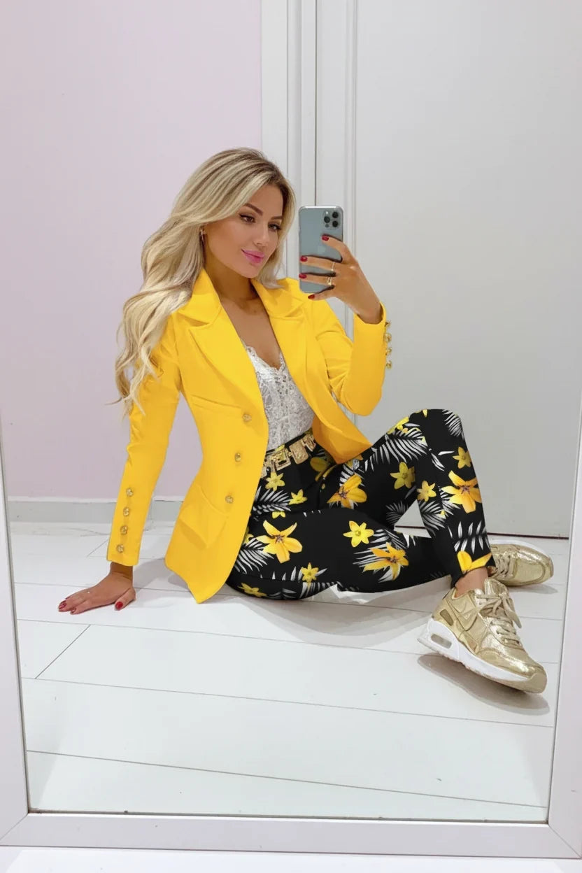 Senadessa | Women's Tailored Single-Button Double Breasted Button Front Blazer — Yellow