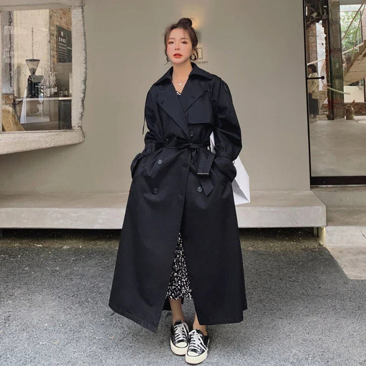 Senaessa | Women's Elegant Oversized Long Trench Coat with Waist Belt — Black