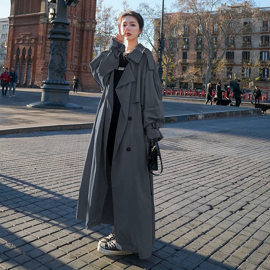 Senaessa | Women's Elegant Oversized Long Trench Coat with Waist Belt — 1