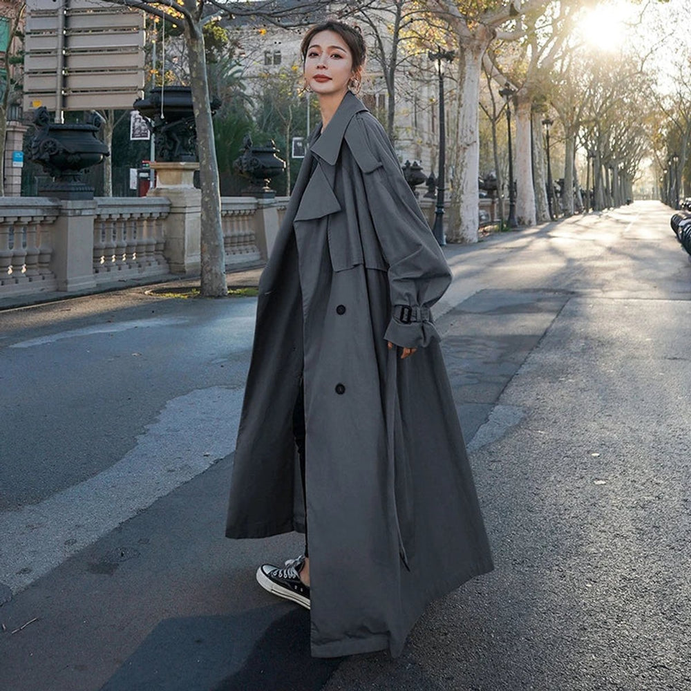 Senaessa | Women's Elegant Oversized Long Trench Coat with Waist Belt — 2