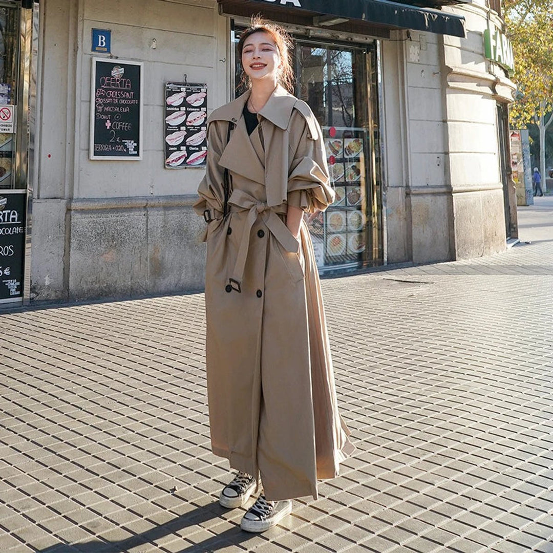 Senaessa | Women's Elegant Oversized Long Trench Coat with Waist Belt — Khaki