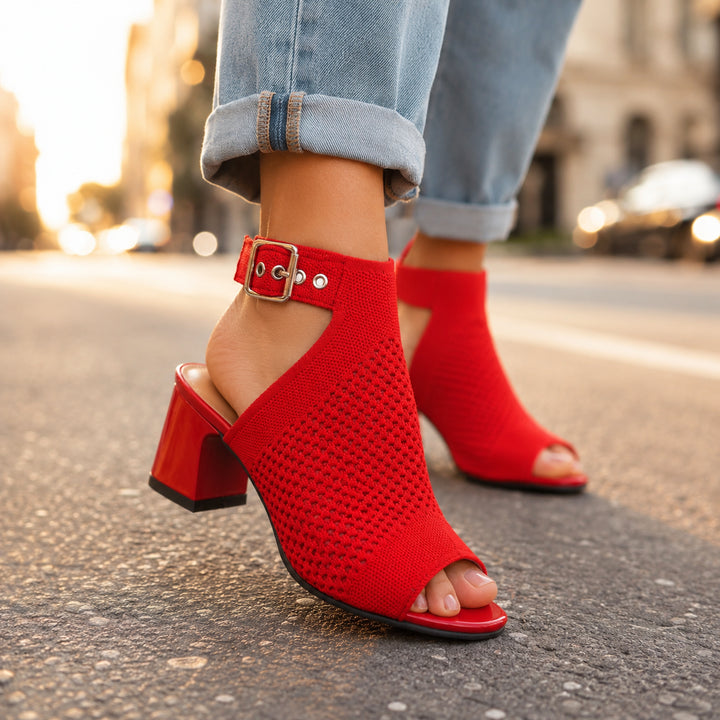 Senaita | Women's Comfortable Elegant Knitted Peep Toe Block Heel Sandals with Ankle Strap and Buckle — 2