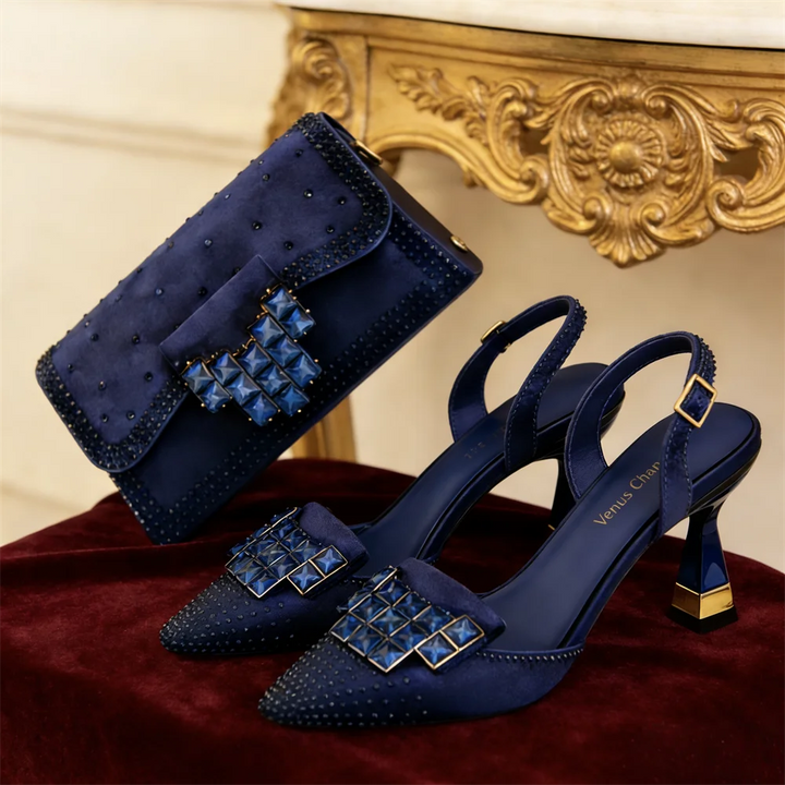 Serennova | Crystal Clutch Set with Pointed Toe Block Heel Pumps
