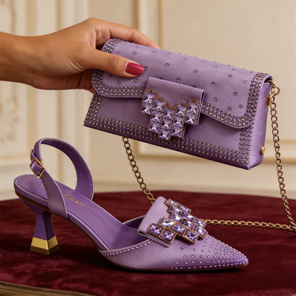 Serennova | Crystal Clutch Set with Pointed Toe Block Heel Pumps