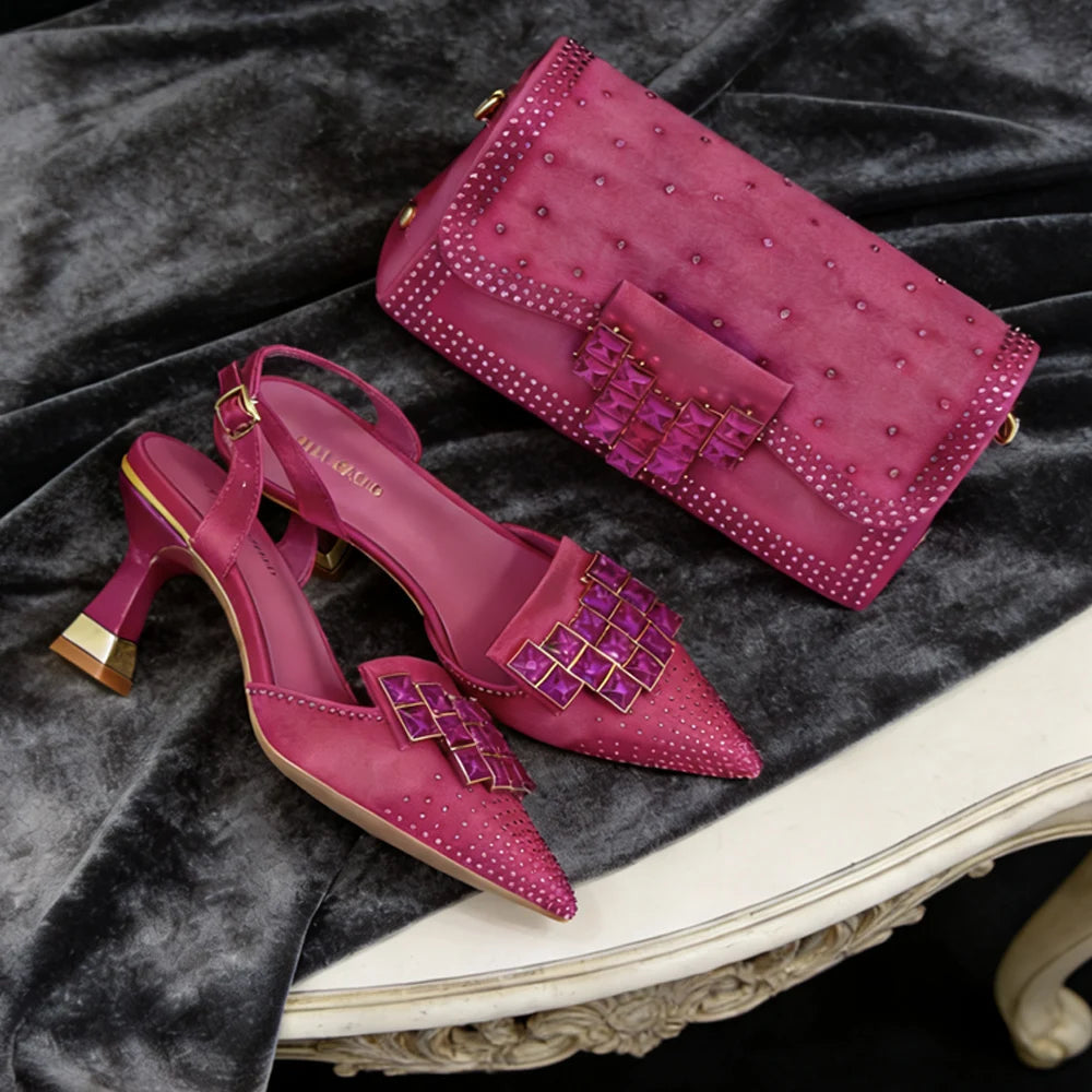Serennova | Crystal Clutch Set with Pointed Toe Block Heel Pumps