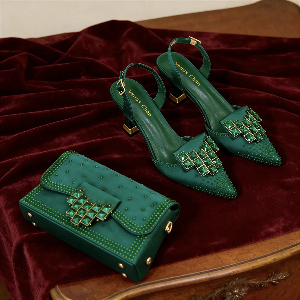Serennova | Crystal Clutch Set with Pointed Toe Block Heel Pumps