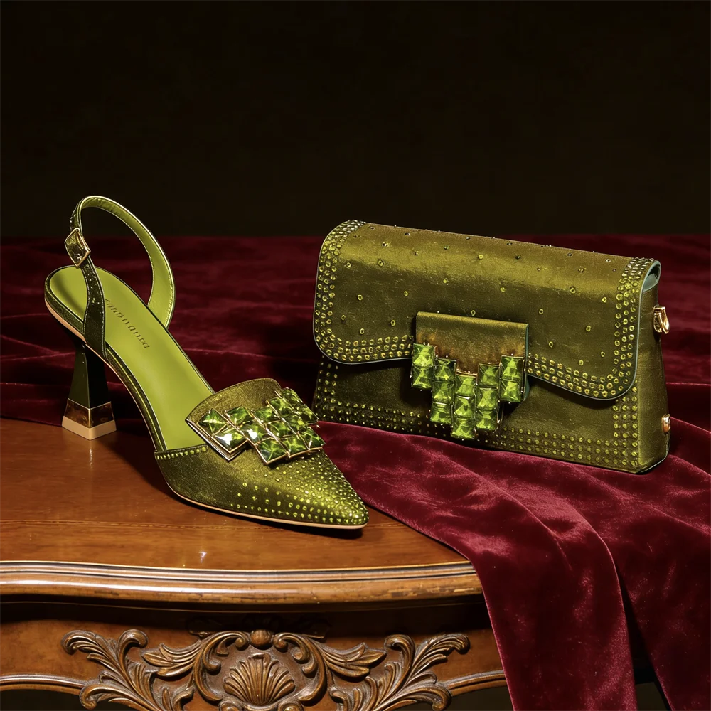 Serennova | Crystal Clutch Set with Pointed Toe Block Heel Pumps