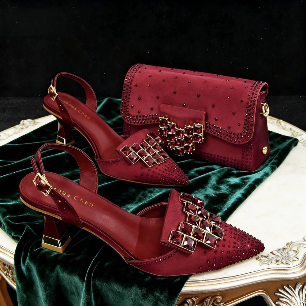 Serennova | Crystal Clutch Set with Pointed Toe Block Heel Pumps