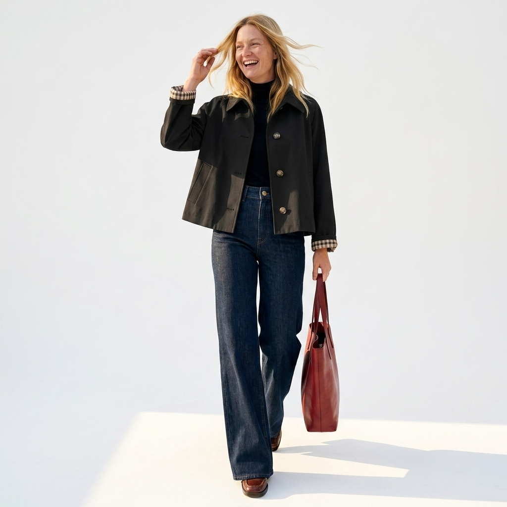 Serisse | Women's Oversized Cropped Trench Jacket with Gingham Cuff Lining Coats — Black