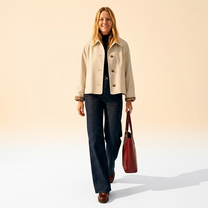Serisse | Women's Oversized Cropped Trench Jacket with Gingham Cuff Lining Coats — Cream