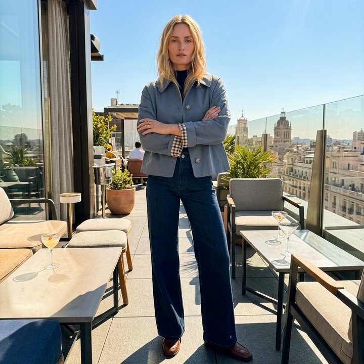 Serisse | Women's Oversized Cropped Trench Jacket with Gingham Cuff Lining Coats — Dusty Blue