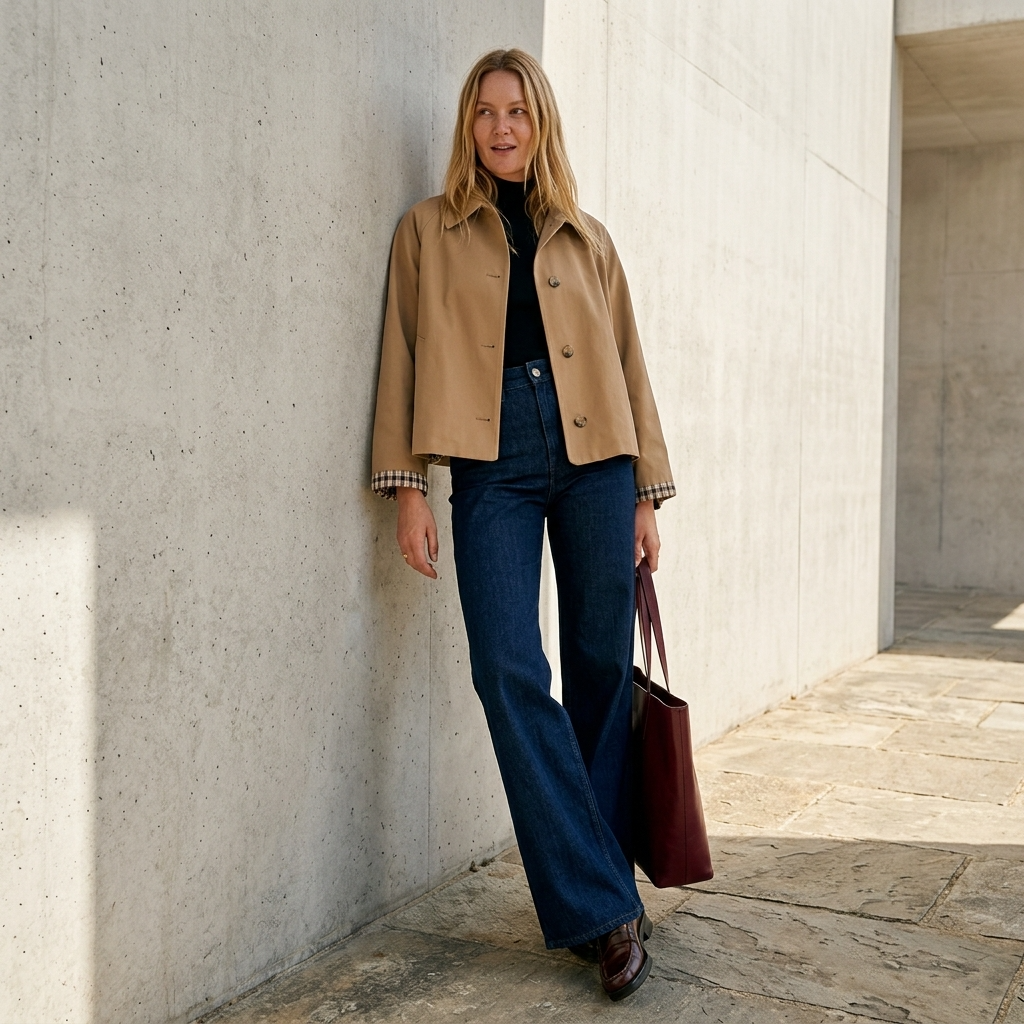 Serisse | Women's Oversized Cropped Trench Jacket with Gingham Cuff Lining Coats — Khaki