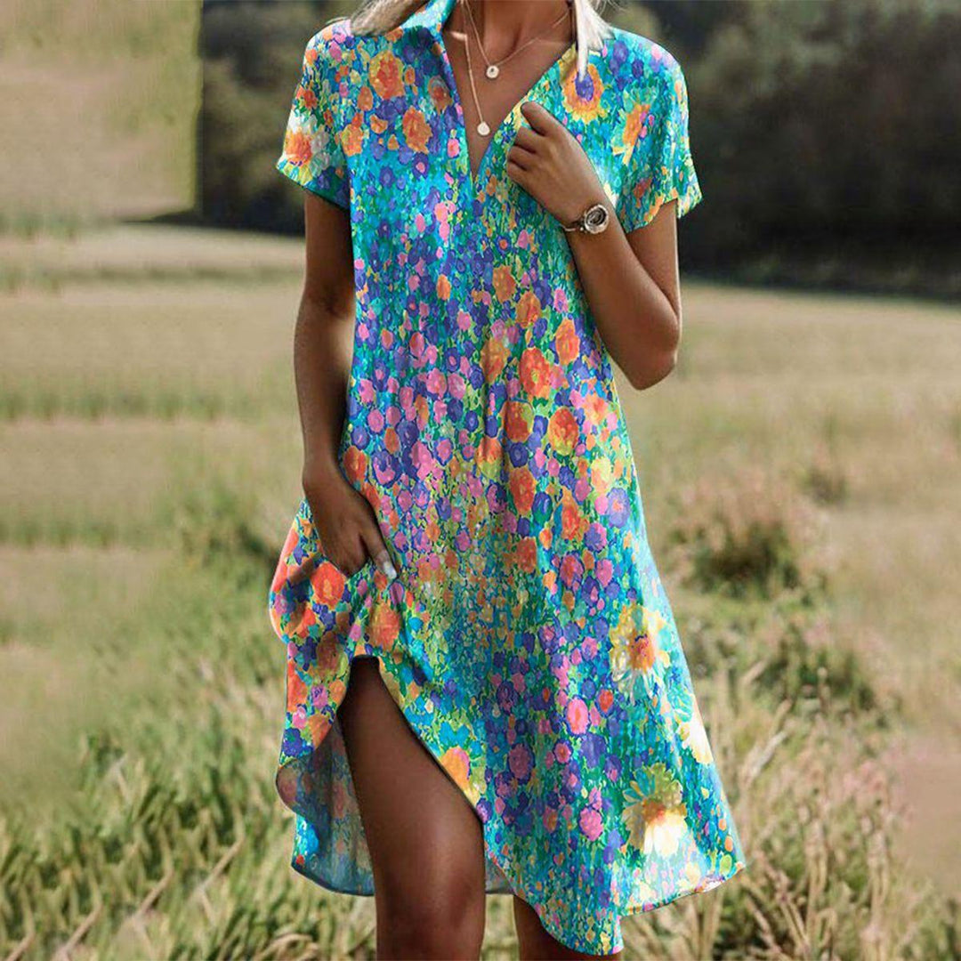Colorful round dress front view blurry-grass background