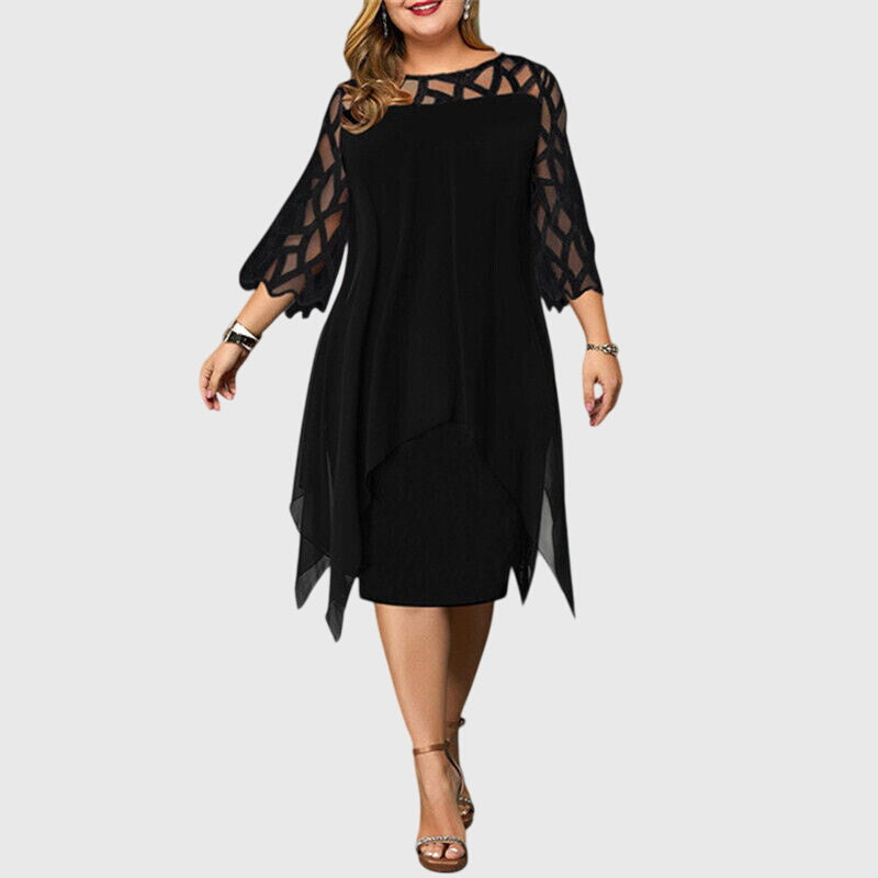 Soletta | Women's Wedding Guest Elegant Chiffon Midi Dress with Lace Sleeves Dresses — Black