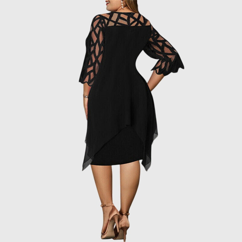 Soletta | Women's Wedding Guest Elegant Chiffon Midi Dress with Lace Sleeves Dresses — 2