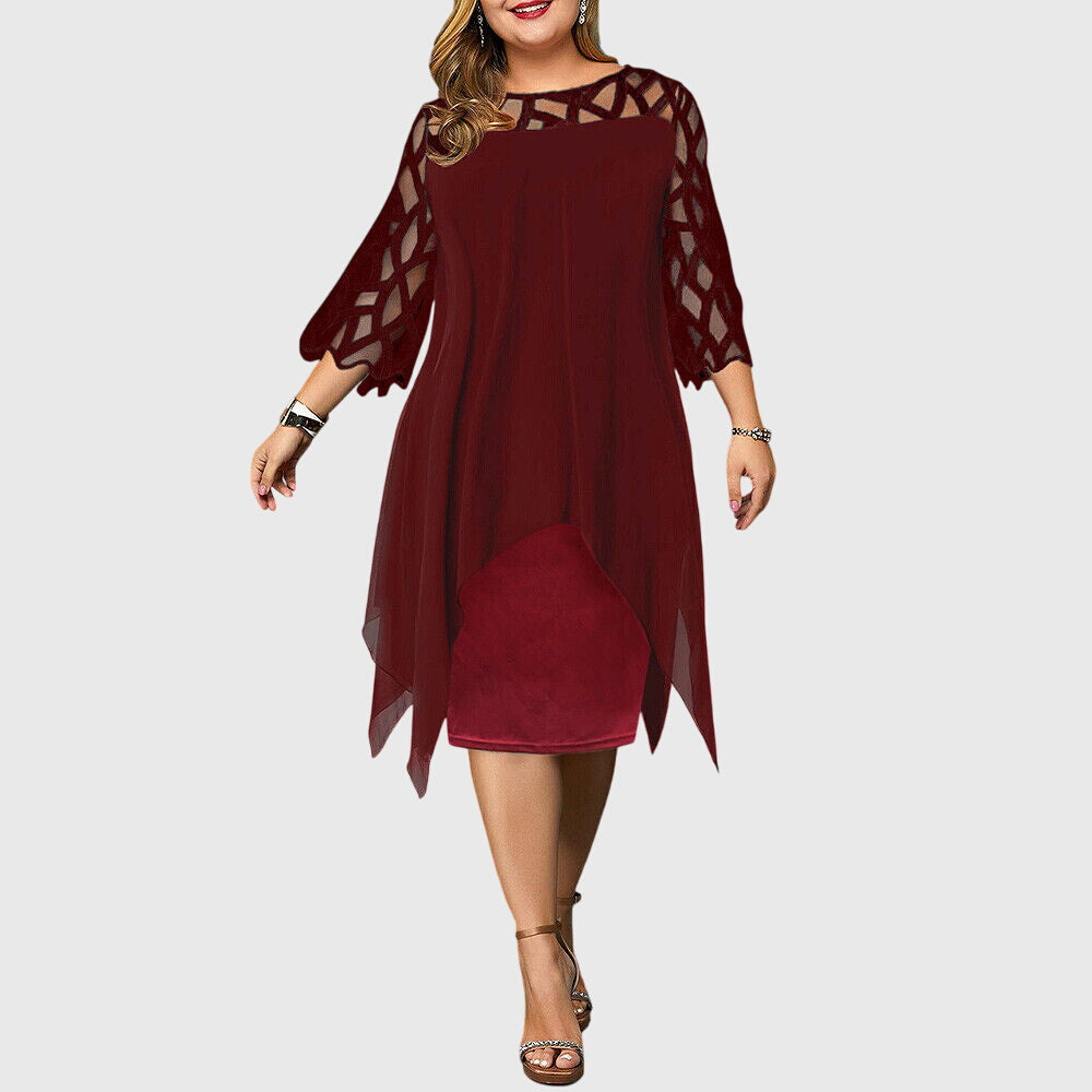 Soletta | Women's Wedding Guest Elegant Chiffon Midi Dress with Lace Sleeves Dresses — Burgundy