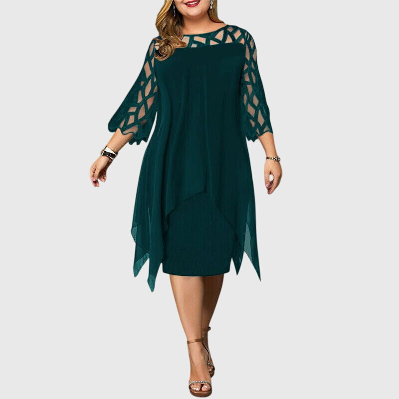 Soletta | Women's Wedding Guest Elegant Chiffon Midi Dress with Lace Sleeves Dresses — Green