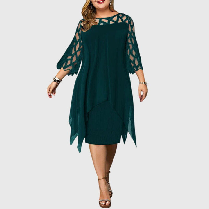 Soletta | Women's Wedding Guest Elegant Chiffon Midi Dress with Lace Sleeves Dresses — Green