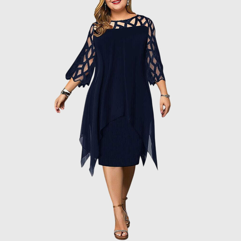 Soletta | Women's Wedding Guest Elegant Chiffon Midi Dress with Lace Sleeves Dresses — Navy