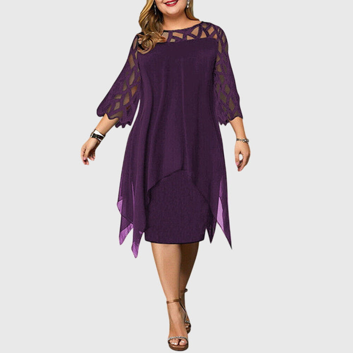 Soletta | Women's Wedding Guest Elegant Chiffon Midi Dress with Lace Sleeves Dresses — Purple