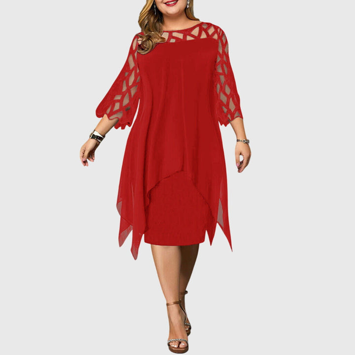 Soletta | Women's Wedding Guest Elegant Chiffon Midi Dress with Lace Sleeves Dresses — Red