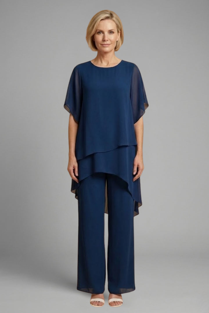 Solina | Women's Wide-Leg Top and Trousers Set with Asymmetric Hem and Wide Legs — Navy Blue