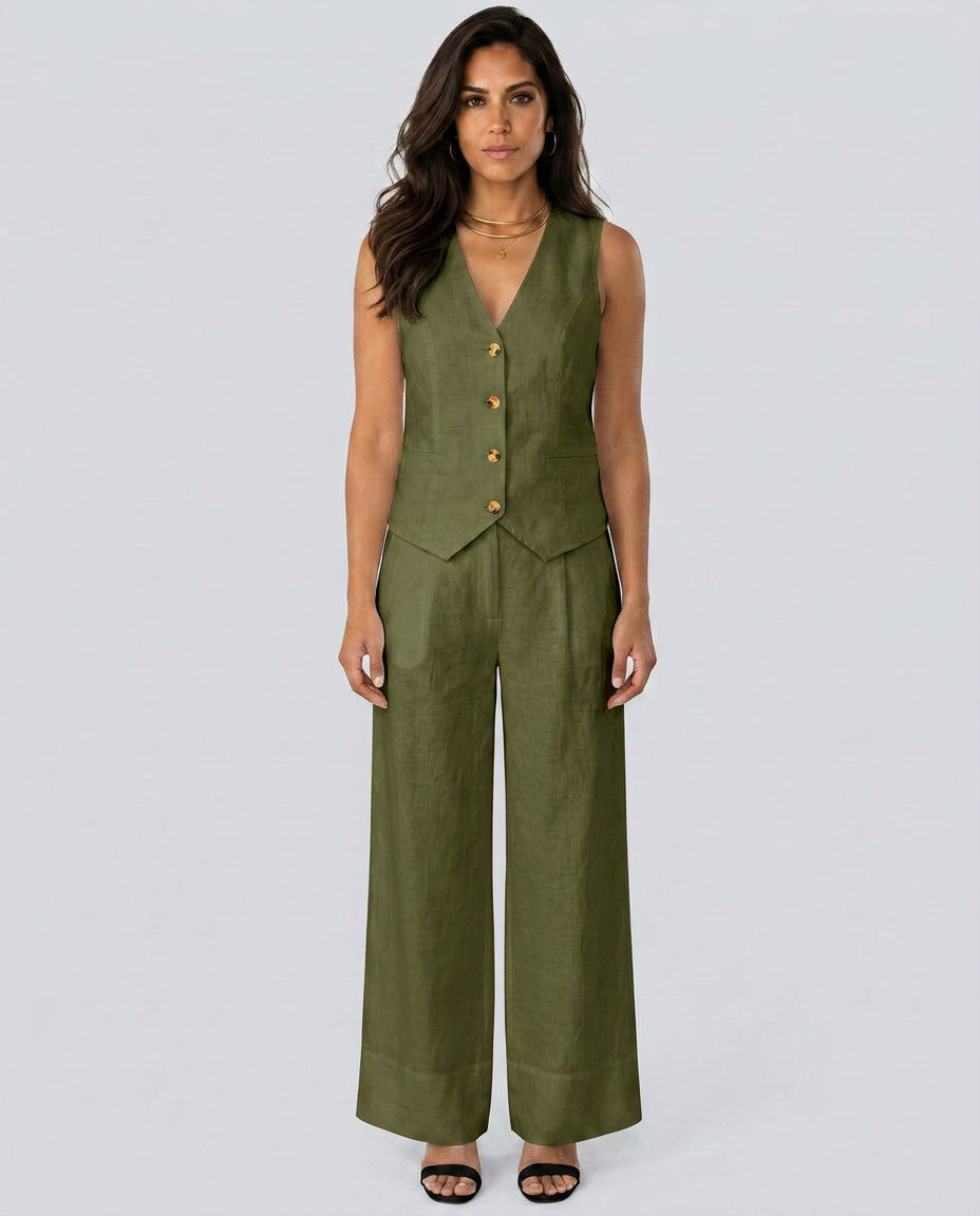 Sollise | Women's Matching Two-Piece Set with Waistcoat and Wide Trousers — Army Green