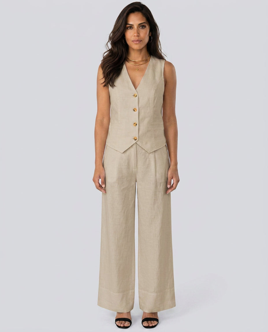 Sollise | Women's Matching Two-Piece Set with Waistcoat and Wide Trousers — Beige