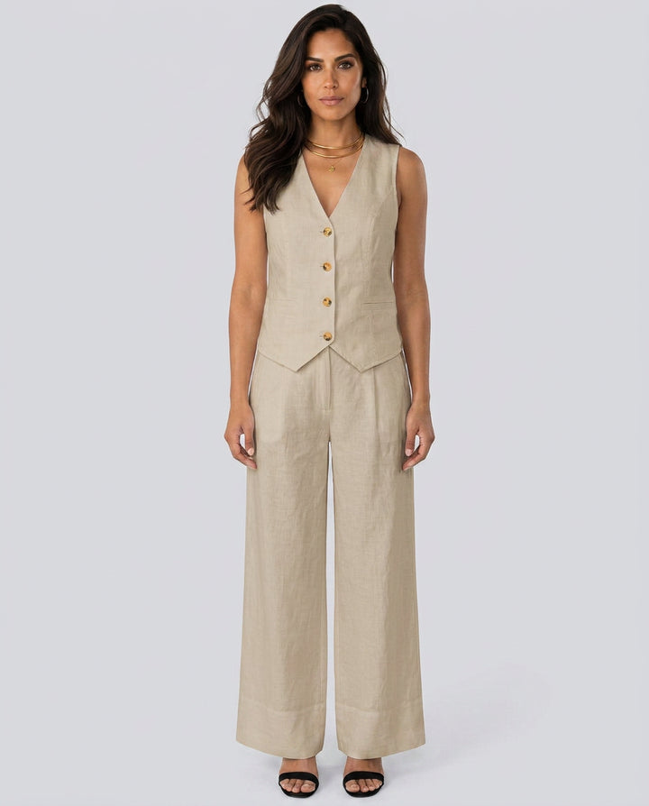 Sollise | Women's Matching Two-Piece Set with Waistcoat and Wide Trousers — Beige