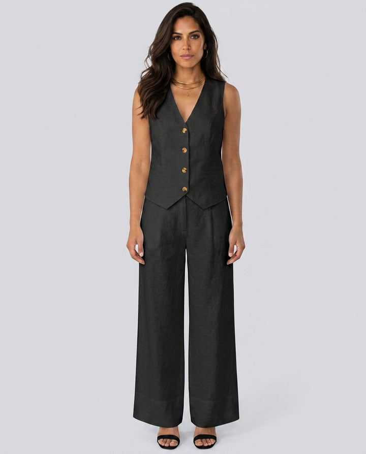 Sollise | Women's Matching Two-Piece Set with Waistcoat and Wide Trousers — Black
