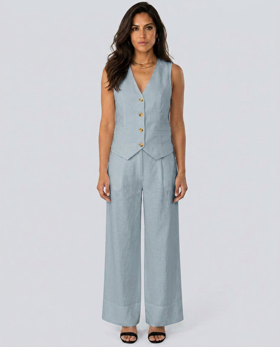 Sollise | Women's Matching Two-Piece Set with Waistcoat and Wide Trousers — Light Blue