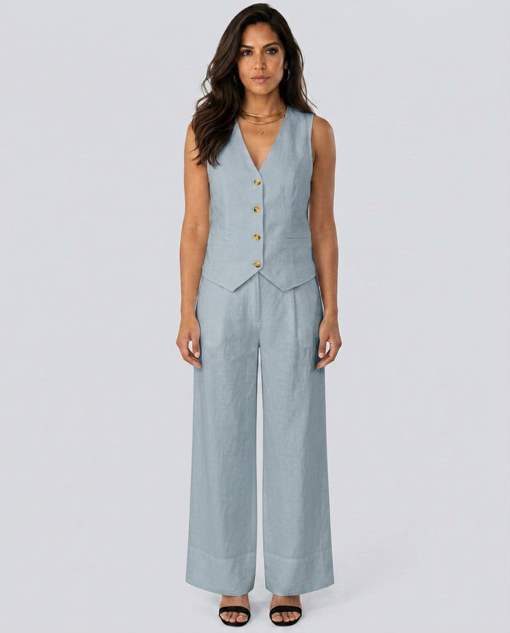 Sollise | Women's Matching Two-Piece Set with Waistcoat and Wide Trousers — Light Blue
