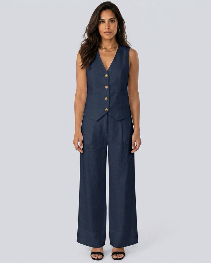 Sollise | Women's Matching Two-Piece Set with Waistcoat and Wide Trousers — Navy